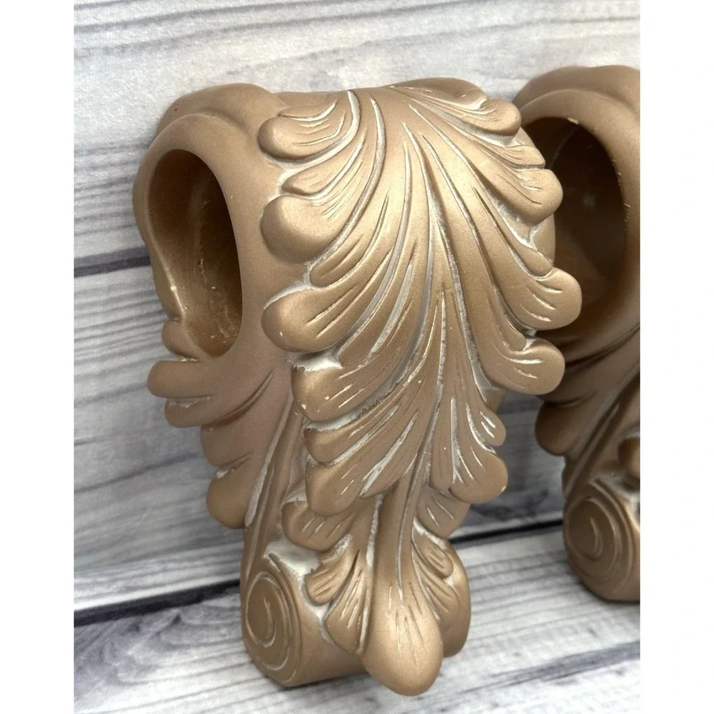 PAIR OF‎ VINTAGE GOLD RESIN WALL CORBEL DRAPERY SCONCES CURTAIN ROD SWAG HOLDERS
